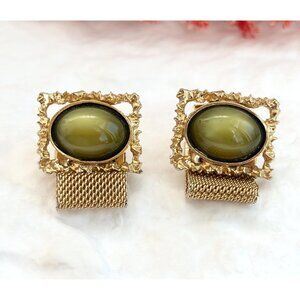 Green Thermoset Midcentury Mesh Wrap Gold Toned Square Vintage Cufflinks